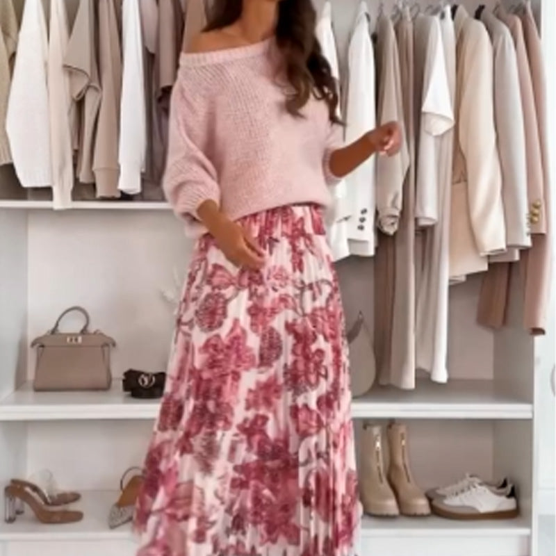Ayden Luxe Set – a chic round-neck top and a belted printed skirt.